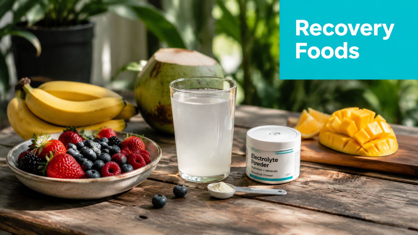 A healthy spread of fruits, coconut water, and electrolyte powder to support hydration and post-workout recovery.