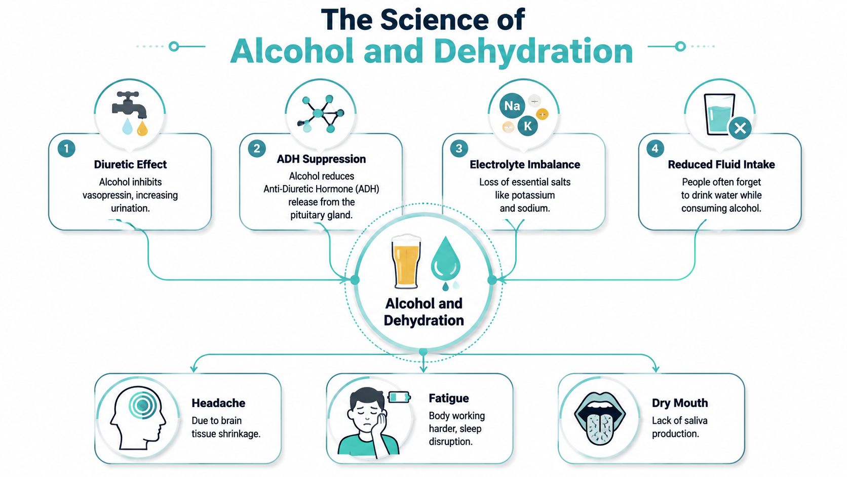 An infographic titled The Science of Alcohol and Dehydration illustrating causes and physical symptoms.