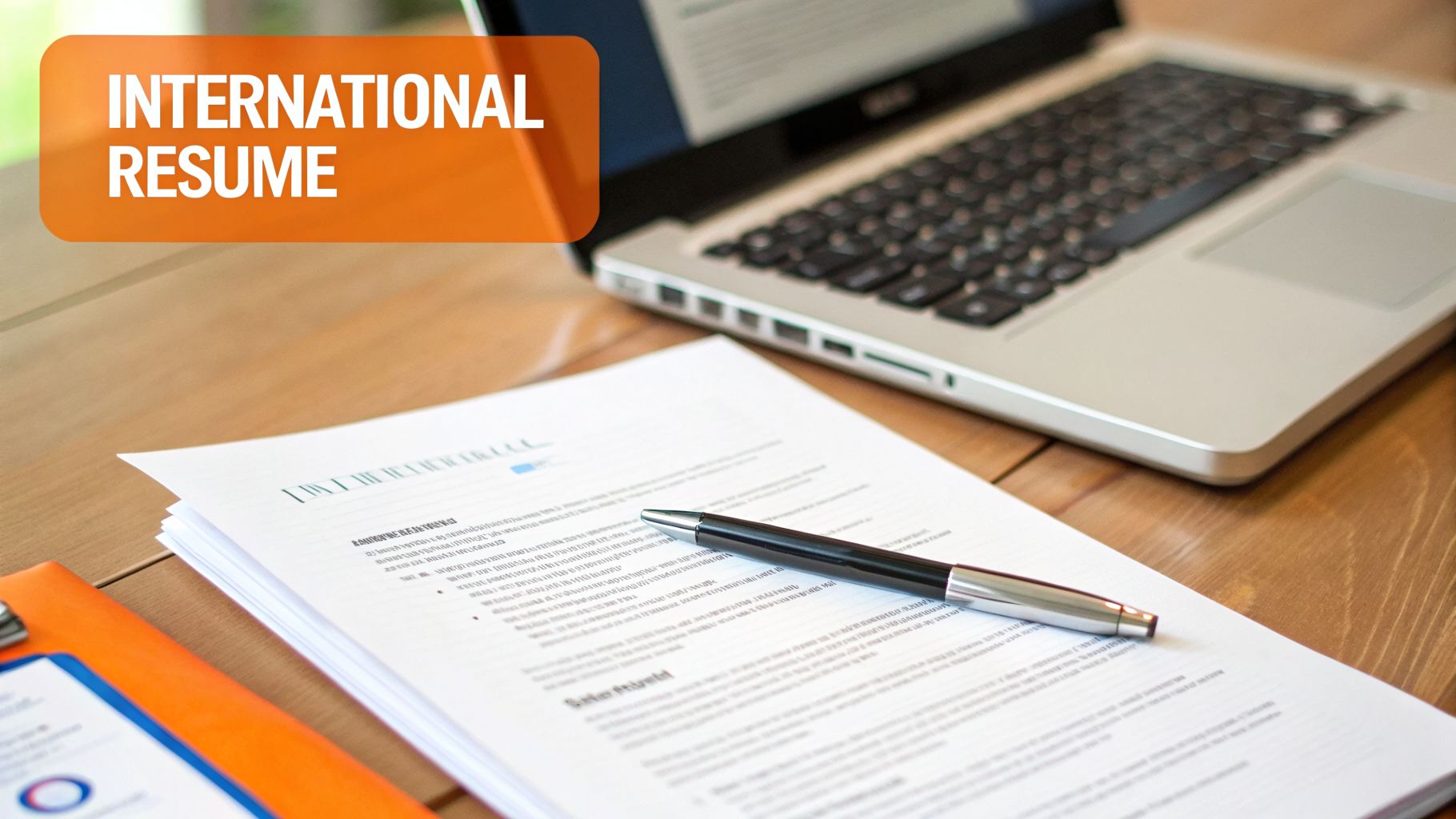 A desk with a laptop, documents, and a pen, next to an 'INTERNATIONAL RESUME' banner.