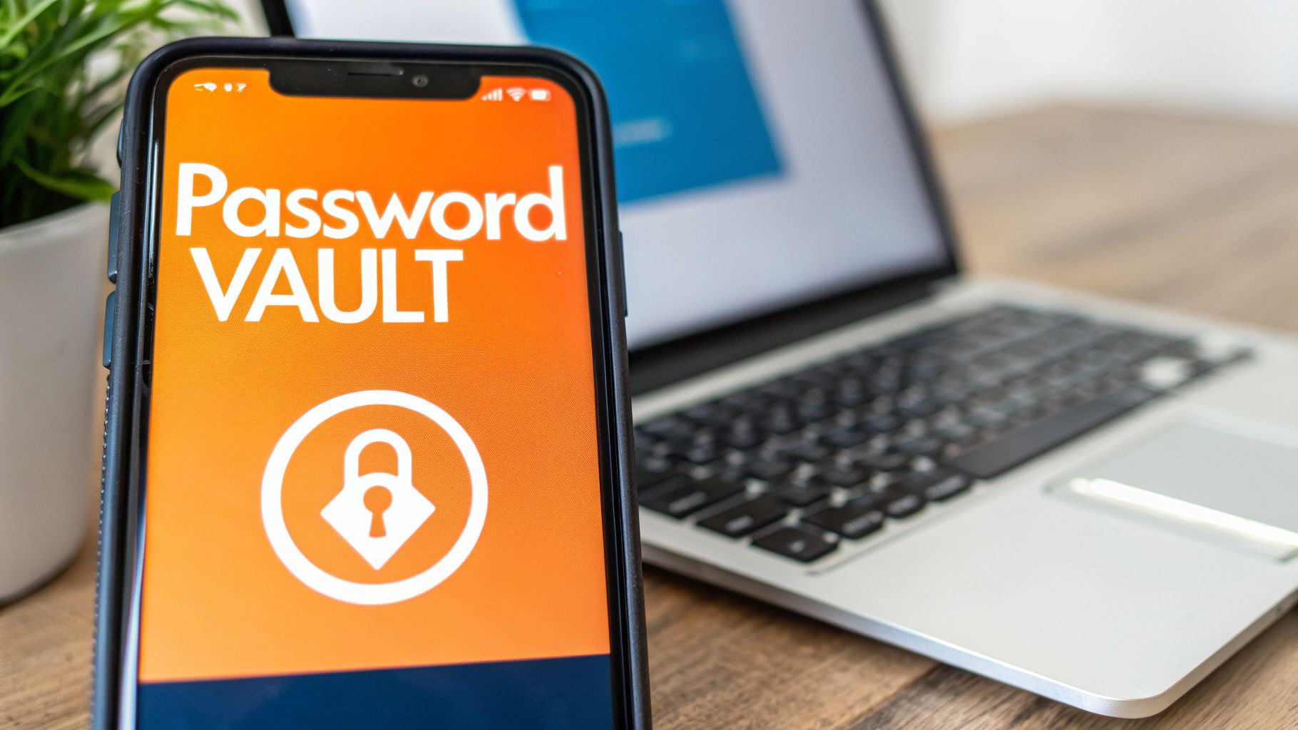 A smartphone displaying 'Password VAULT' and a lock icon, symbolizing digital security, next to a laptop.