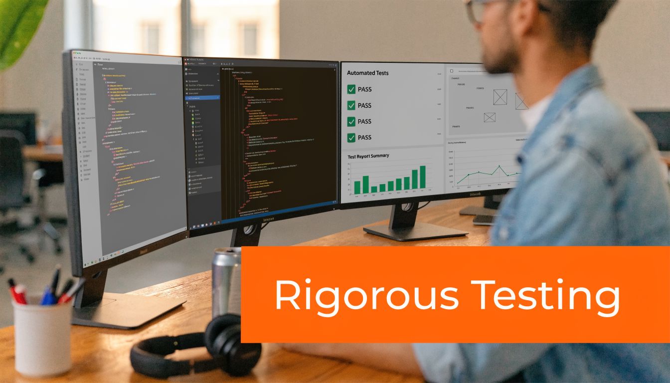 A professional software developer working on code and automated test reports on multiple computer monitors.