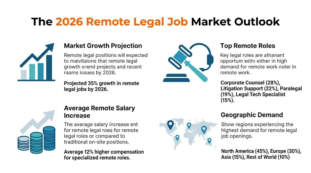 An infographic titled The 2026 Remote Legal Job Market Outlook showing growth projections and salary trends.