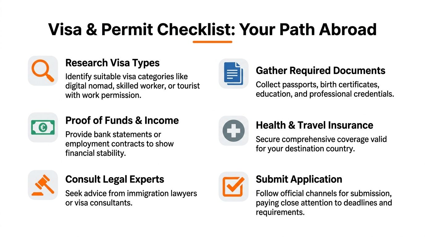 An infographic checklist outlining essential steps for obtaining a visa and permit when moving abroad.