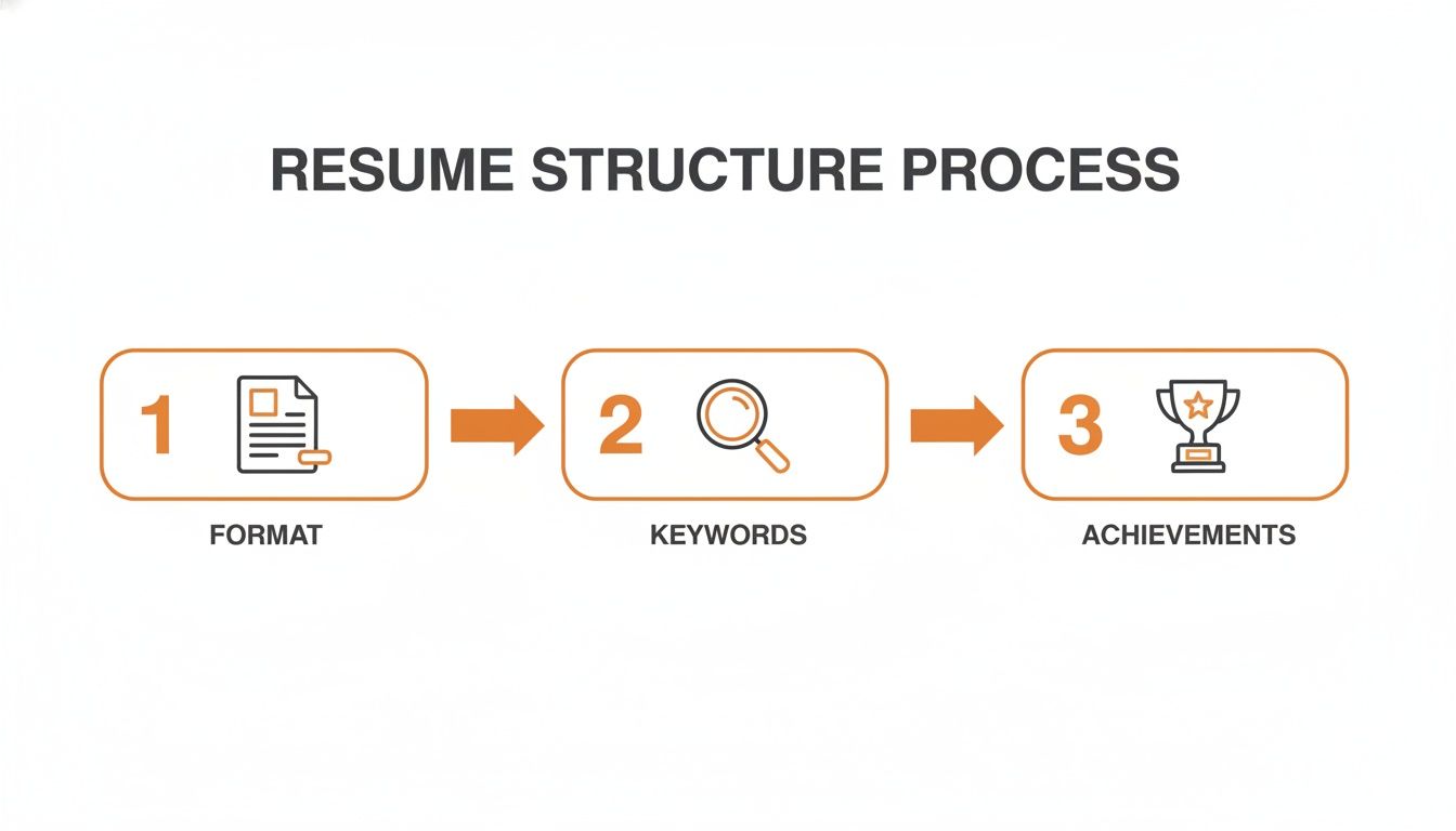 A three-step resume structure process diagram showing format, keywords, and achievements with icons.