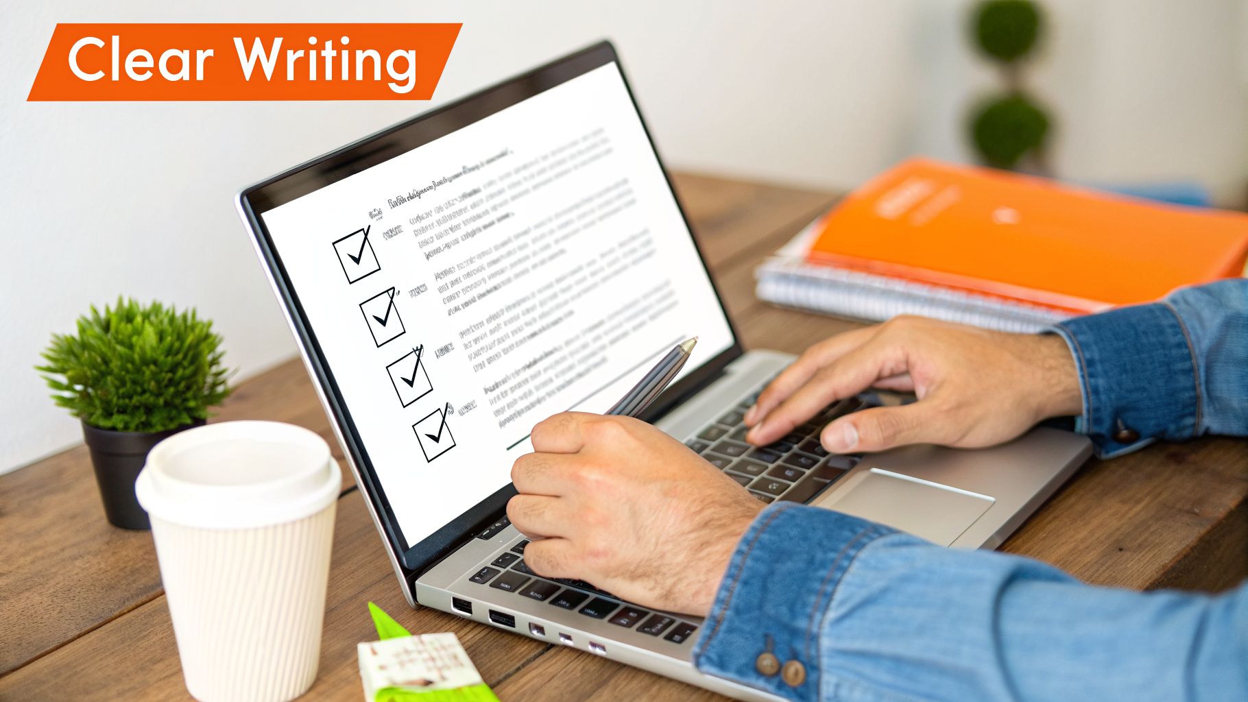 A person in a denim shirt types on a laptop showing a document with a clear writing checklist.