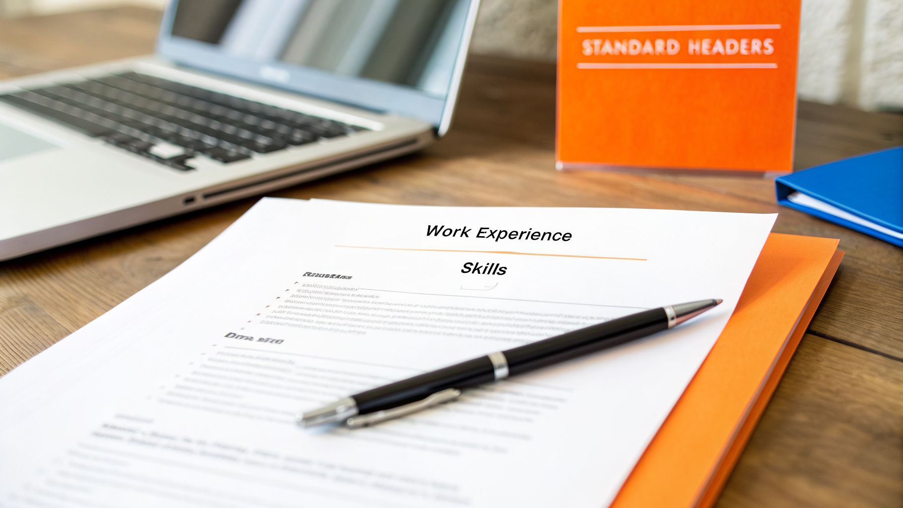 A resume document showing Work Experience and Skills sections, a pen, laptop, and books on a wooden desk.