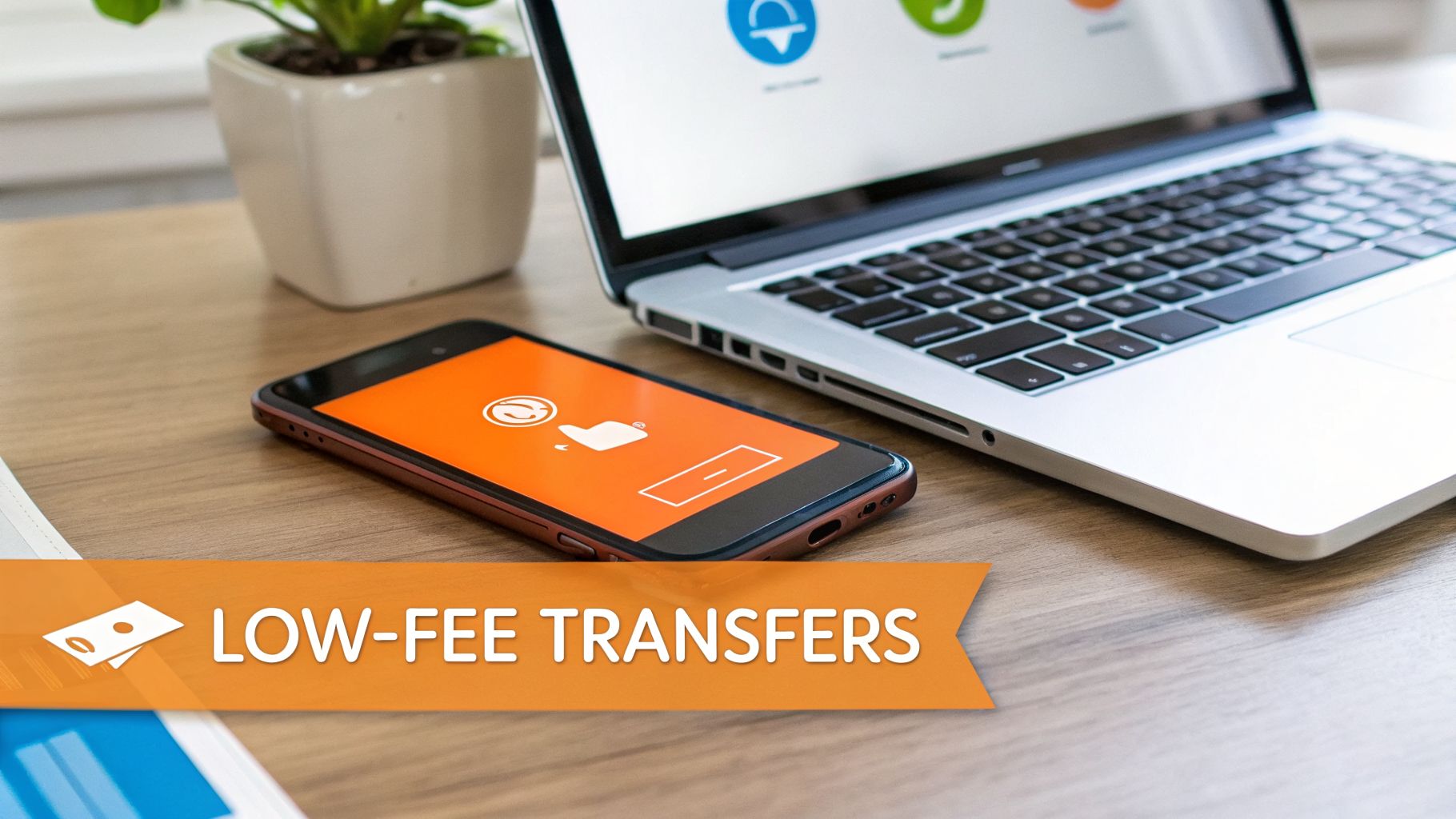 A laptop and smartphone on a wooden desk, with a banner promoting low-fee money transfers.