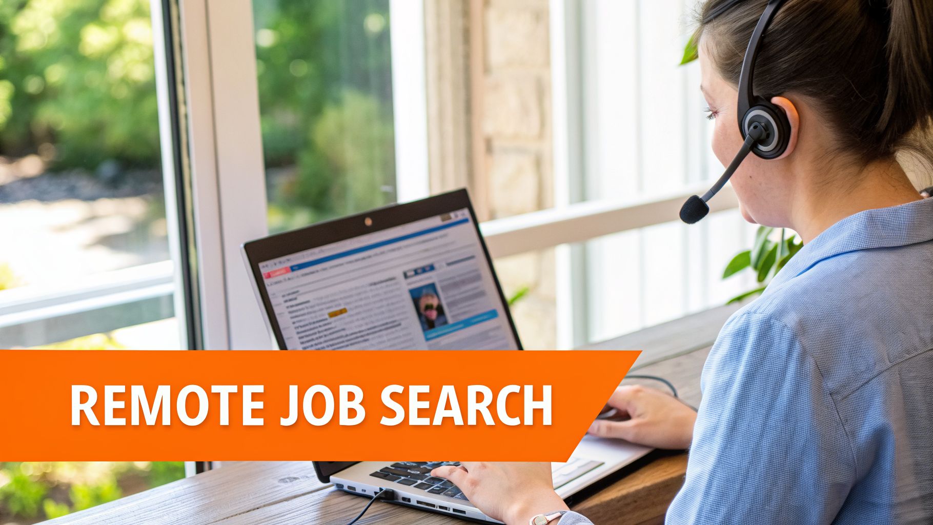 A person with a headset typing on a laptop, actively engaged in a remote job search.
