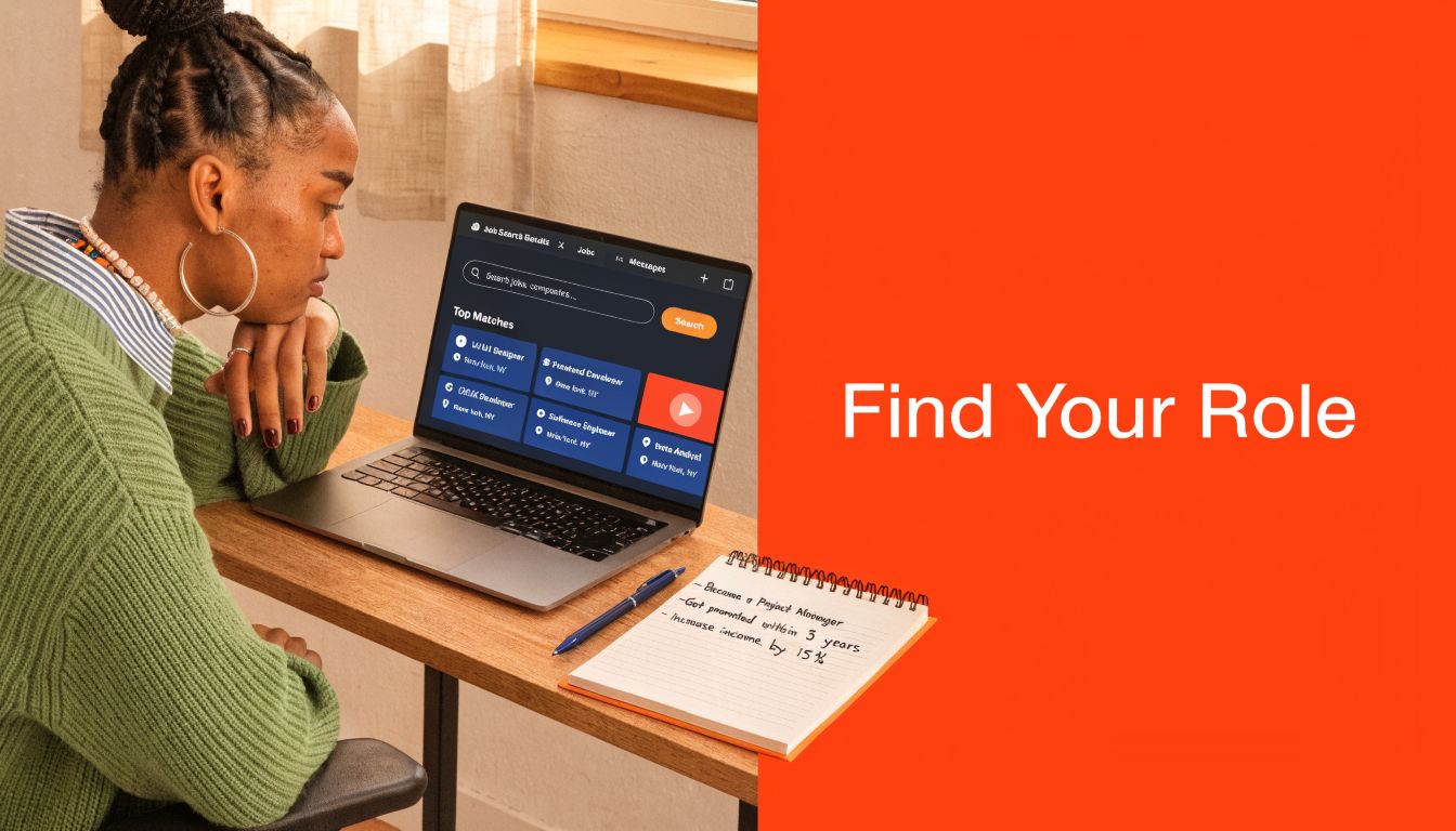 A woman working on a laptop at a desk, searching for career opportunities on a job portal.