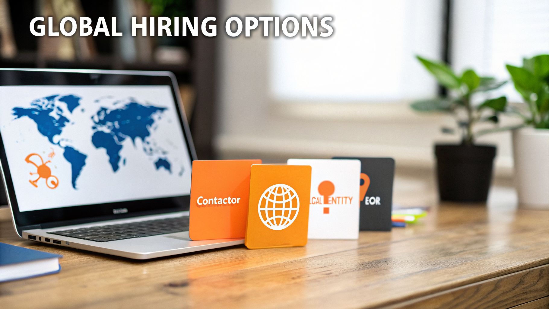 A laptop displaying a world map with cards showing global hiring options like Contactor and EOR.