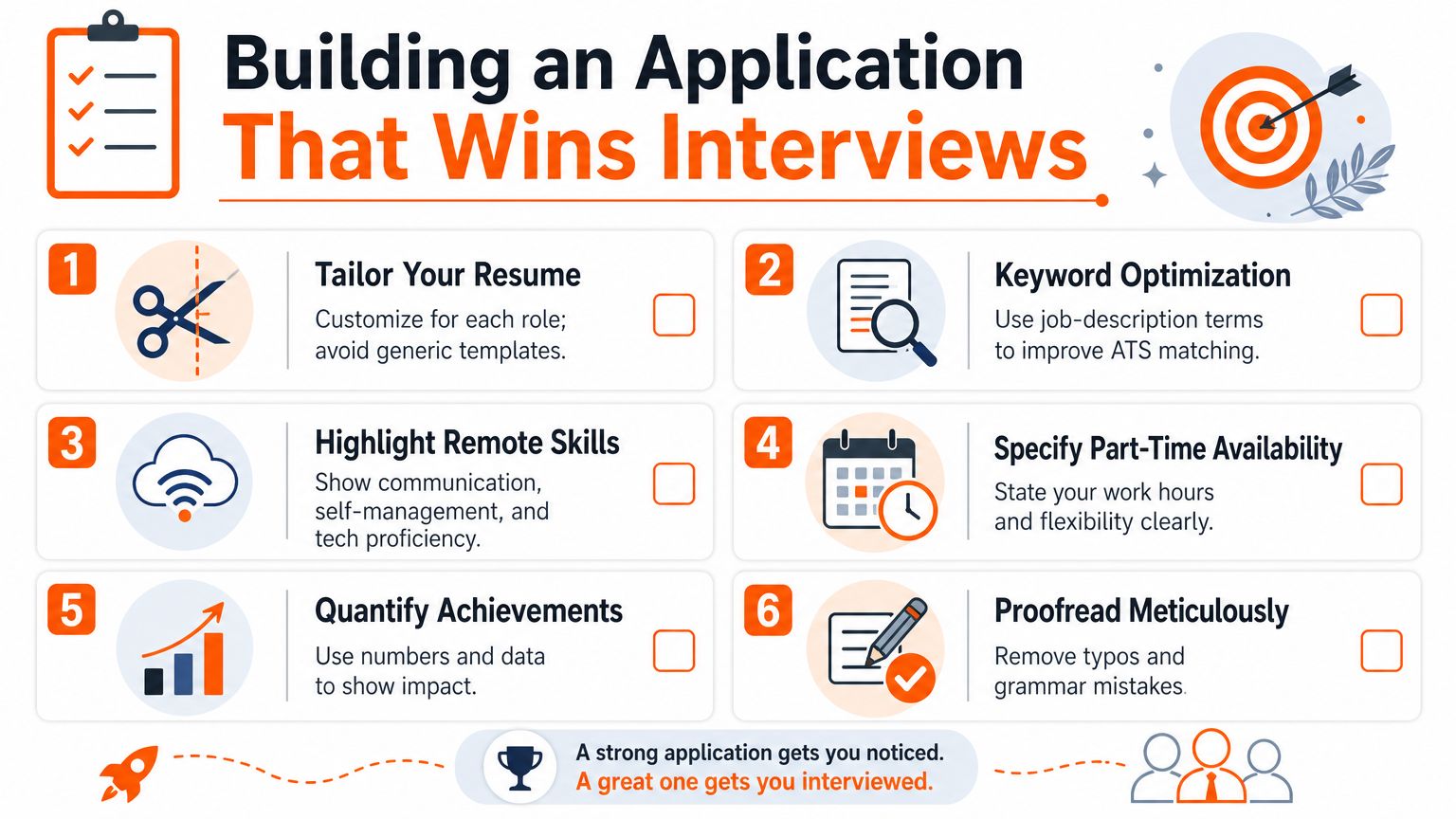 An infographic titled Building an Application That Wins Interviews with six numbered tips for job seekers.
