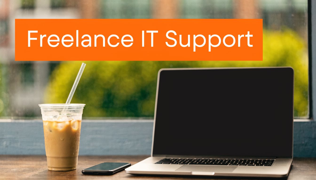 A laptop, a smartphone, and an iced coffee on a desk with a remote office background.