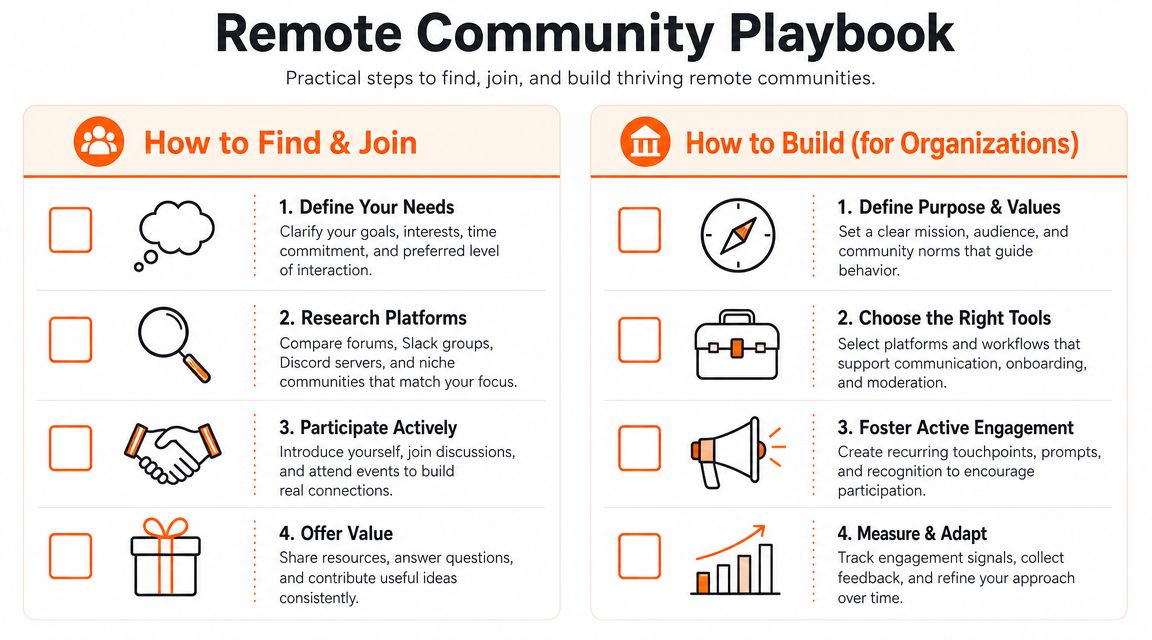 An infographic titled Remote Community Playbook outlining practical steps for individuals and organizations to build communities.