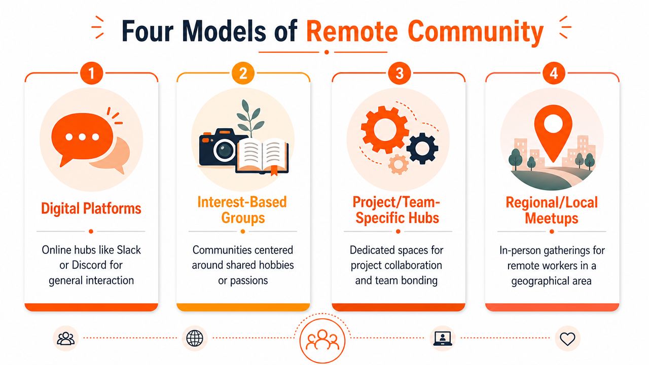 An infographic illustrating four different models of remote community building, including digital platforms, interest groups, project hubs, and local meetups.