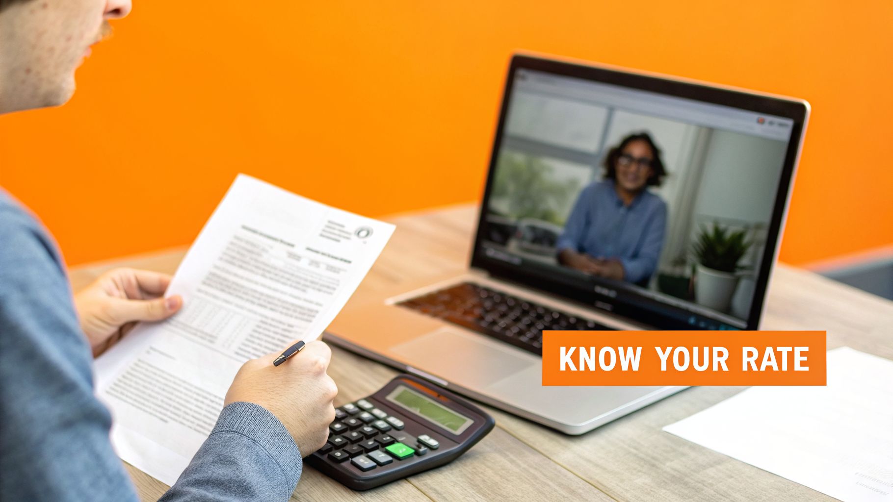 Person reviewing a document with a calculator and attending a video call on a laptop.