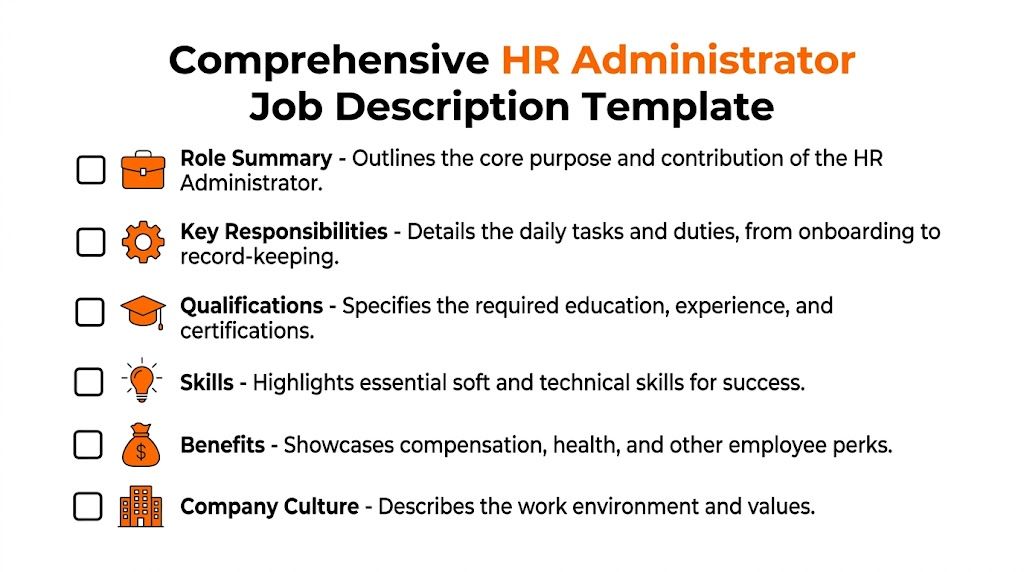 A checklist template outlining the essential components required for a comprehensive HR administrator job description document.