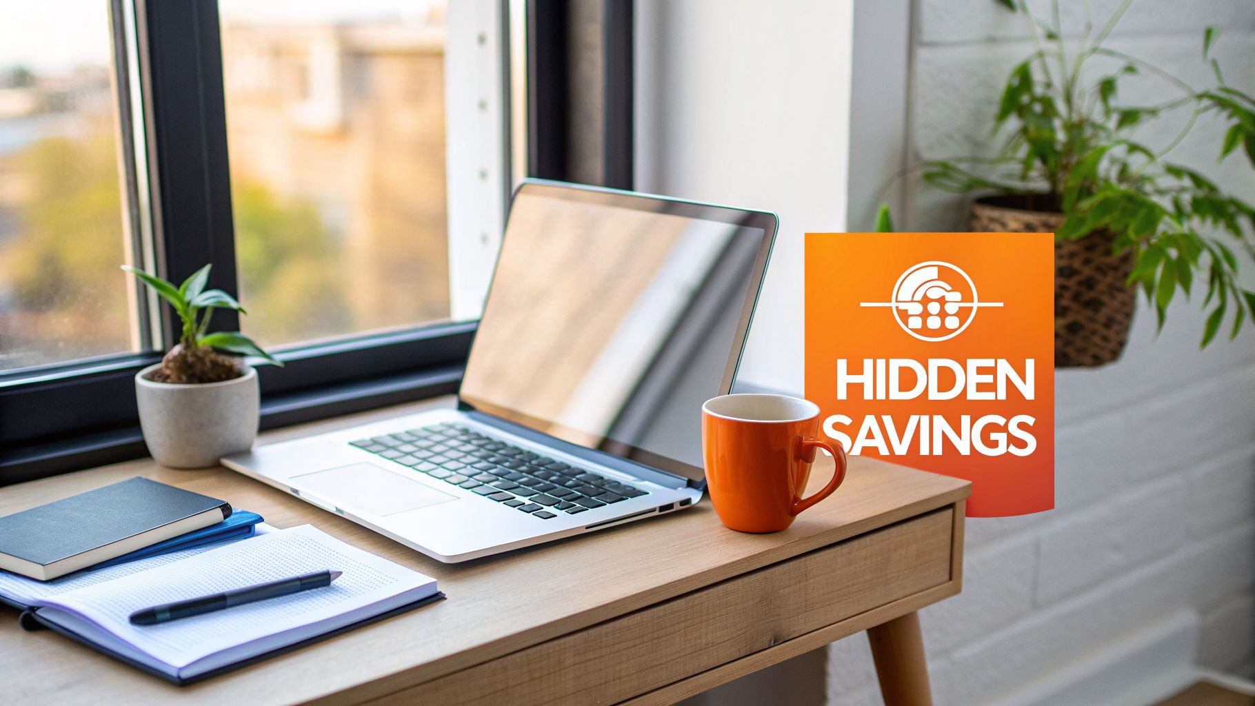A bright home office desk setup with a laptop, notebooks, a plant, and an orange mug.