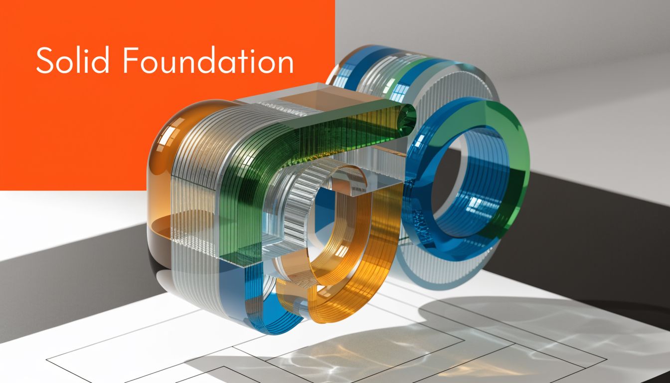 A 3D abstract render of interconnected colored glass shapes forming a solid foundation on architectural blueprints.