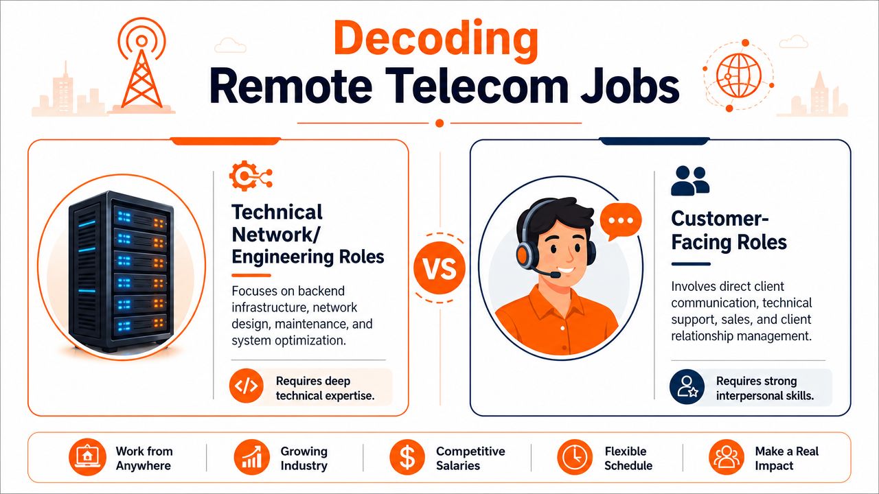 An infographic comparing technical network engineering roles versus customer-facing positions in the remote telecommunication industry.