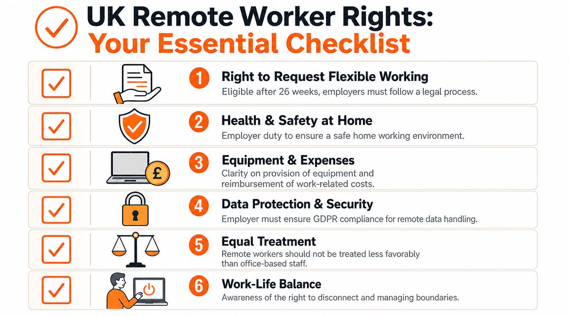 A checklist infographic detailing the six essential rights for remote workers in the United Kingdom.
