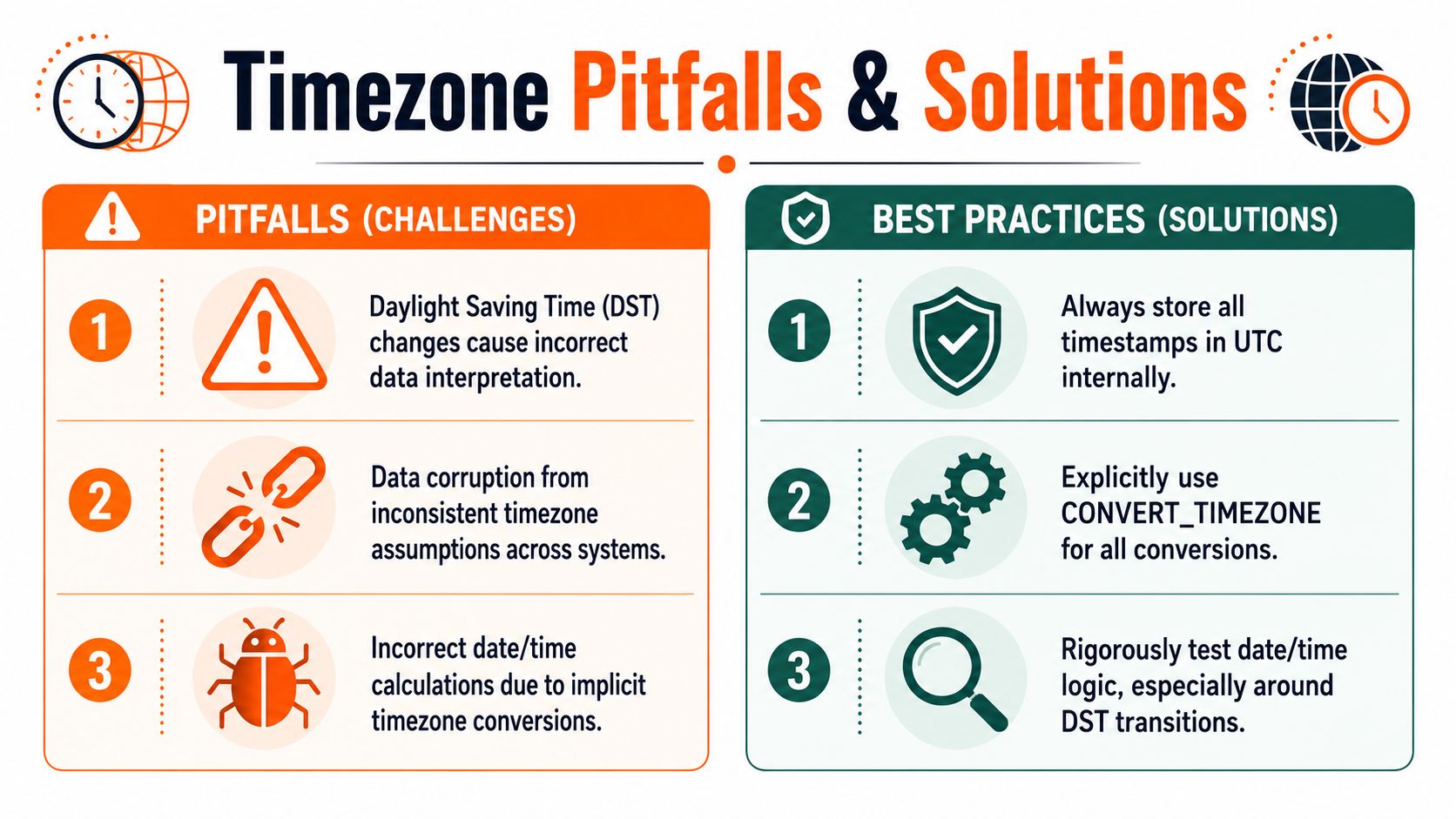 An infographic titled Timezone Pitfalls and Solutions, showing three common date time challenges and three best practices.