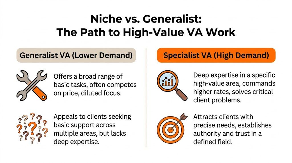 A comparison chart showing the differences between generalist virtual assistants and niche specialist virtual assistants.