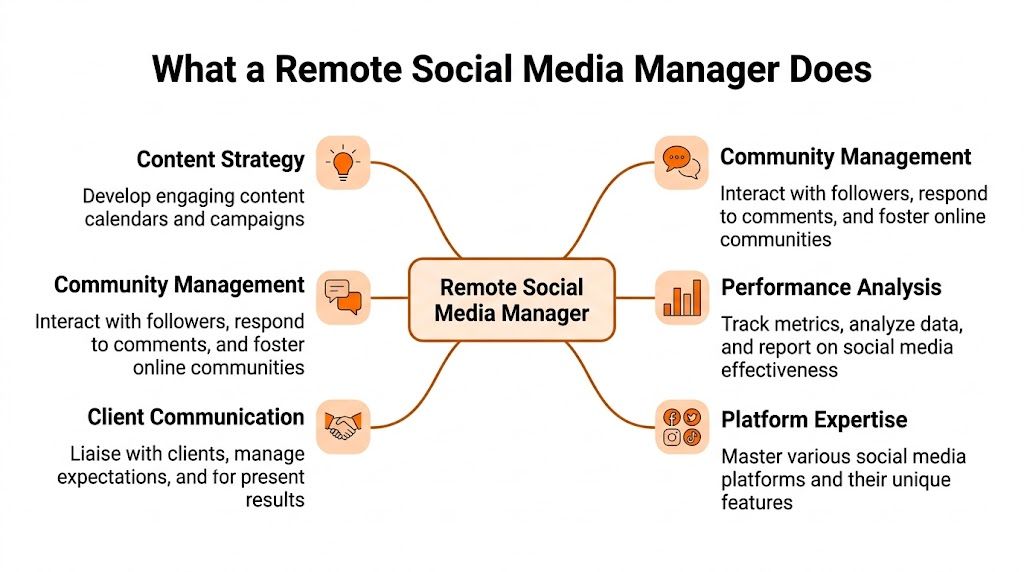 A diagram outlining key responsibilities of a remote social media manager including strategy and community management.