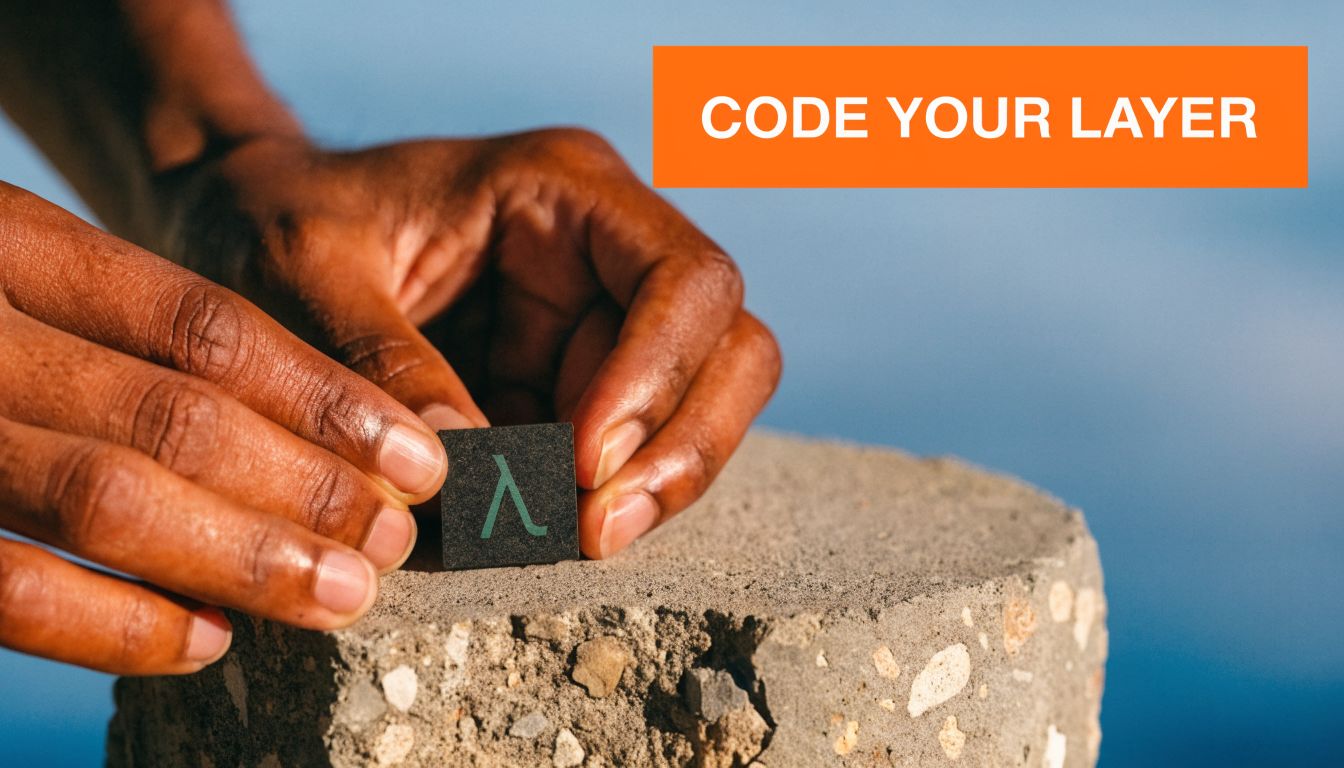 A person holding a small tile with the Lambda symbol above a textured concrete surface.