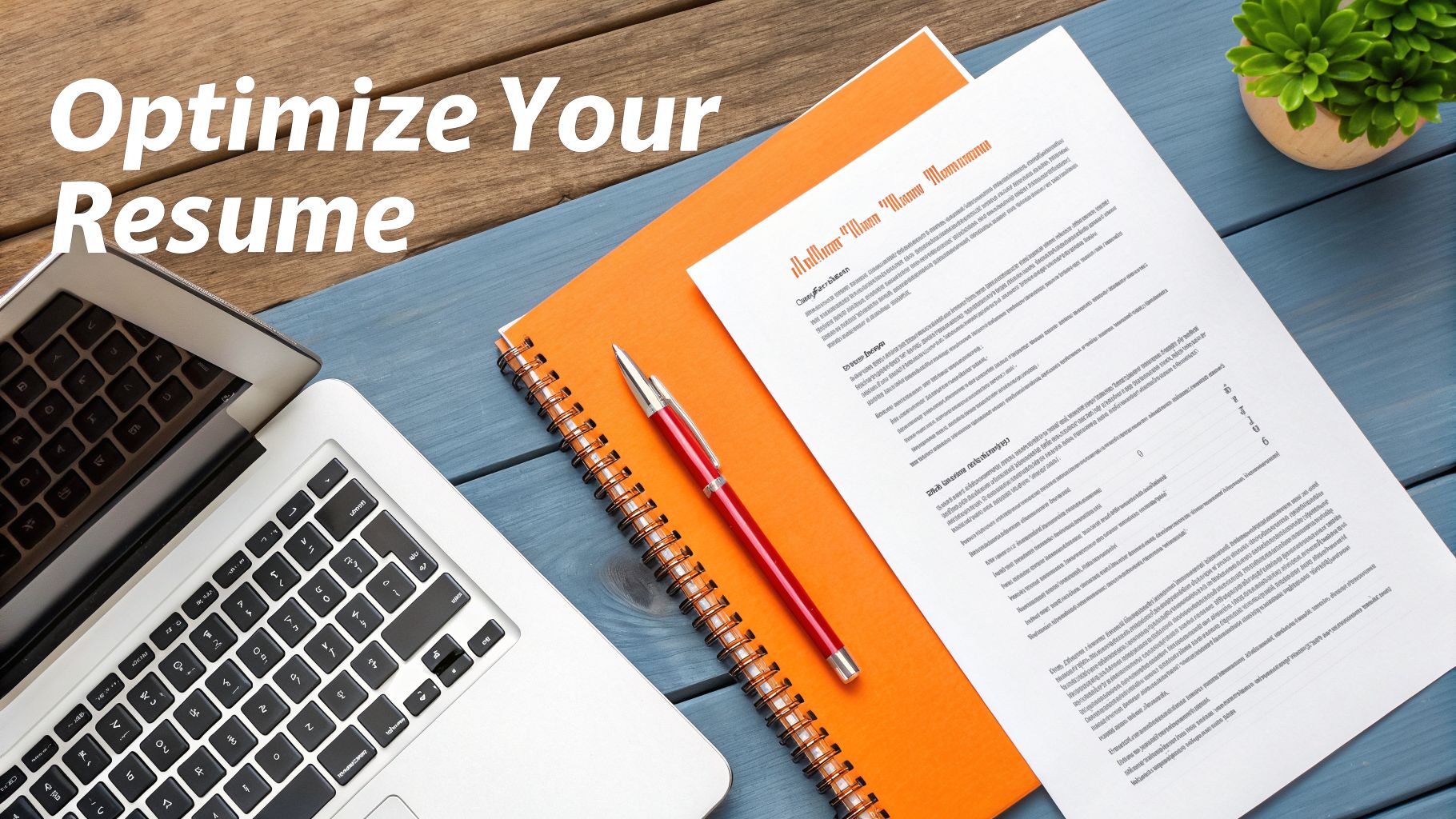 Overhead view of a desk with a laptop, a resume, notebook, and pen, emphasizing resume optimization.