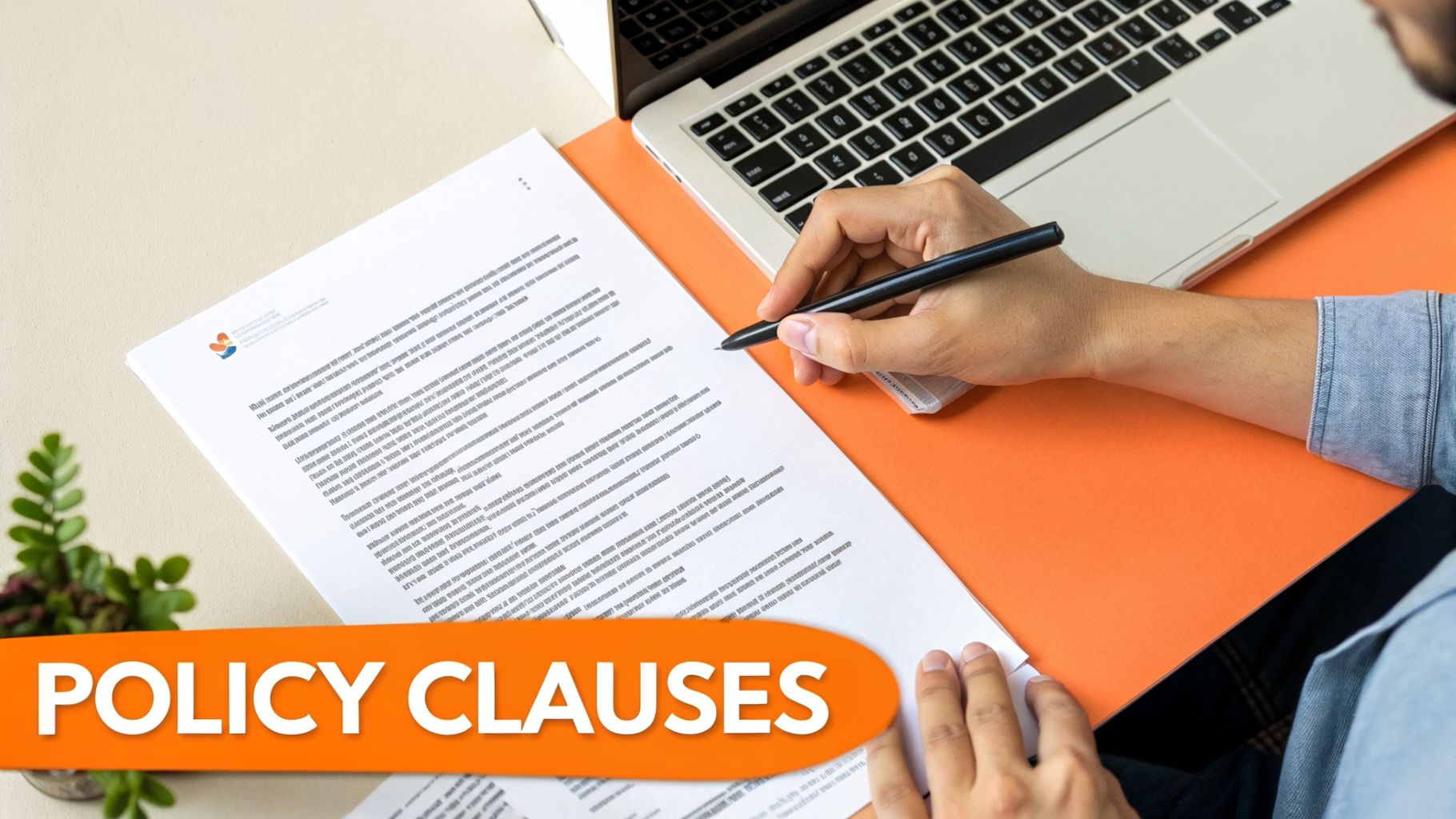 A person is signing a policy document with a pen, next to a laptop.