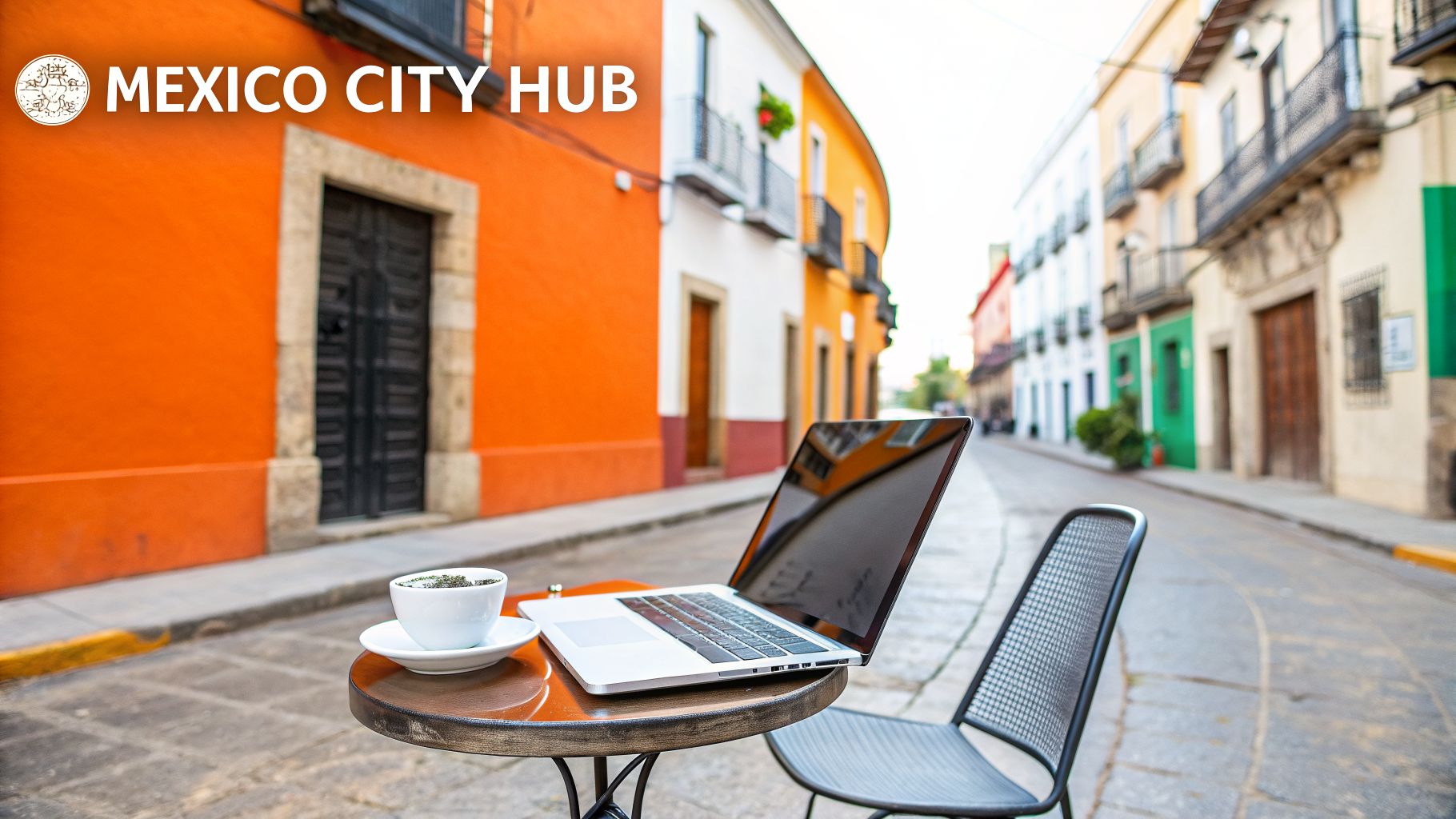 A laptop and coffee cup on a small table on a vibrant street, suitable for remote work.