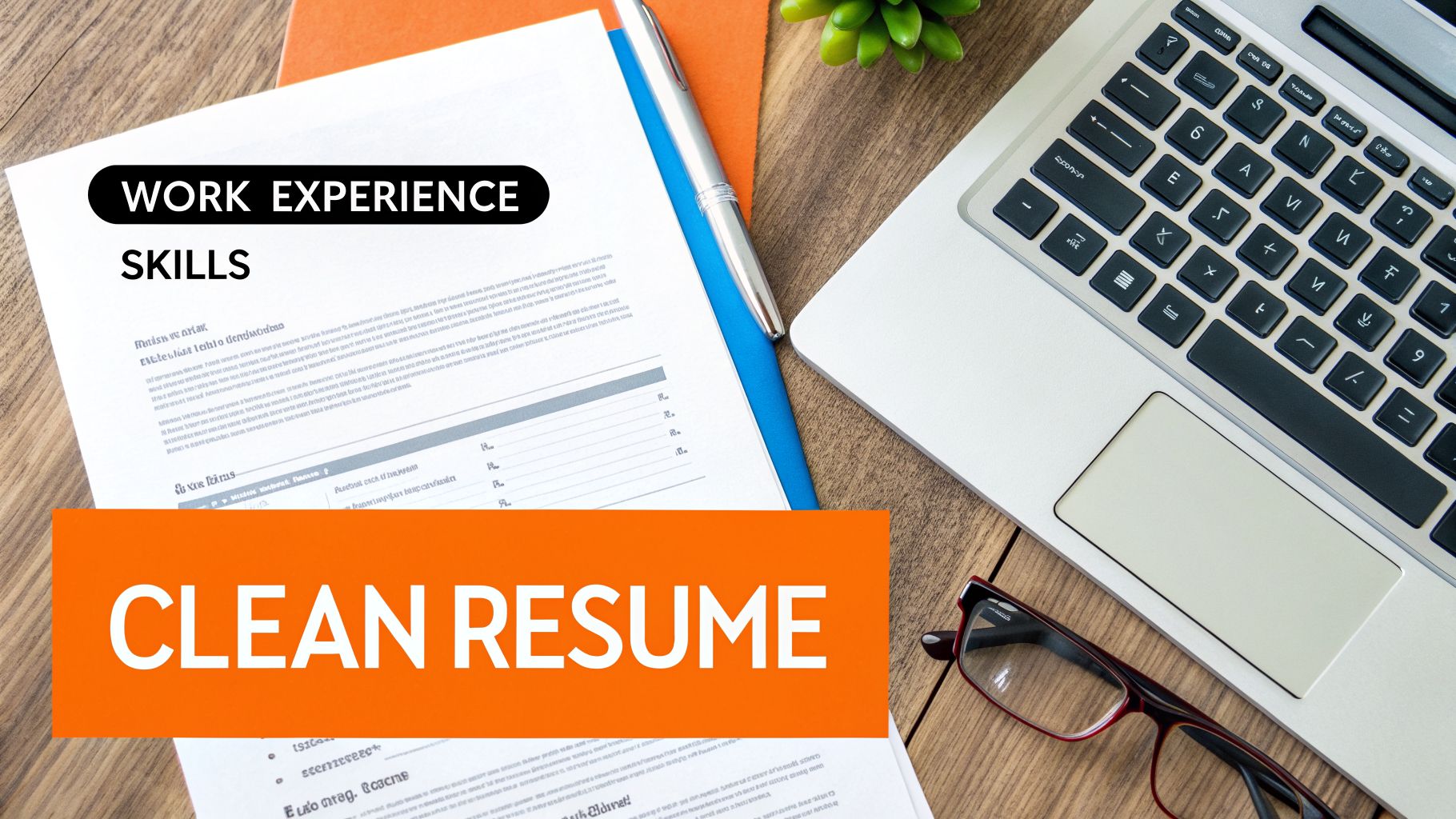 A clean resume with 'WORK EXPERIENCE' and 'SKILLS' sections, a laptop, pen, and glasses on a wooden desk.
