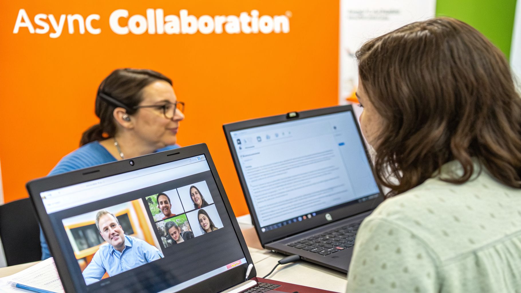 Two women are working with laptops, one on a video call, the other viewing a document.