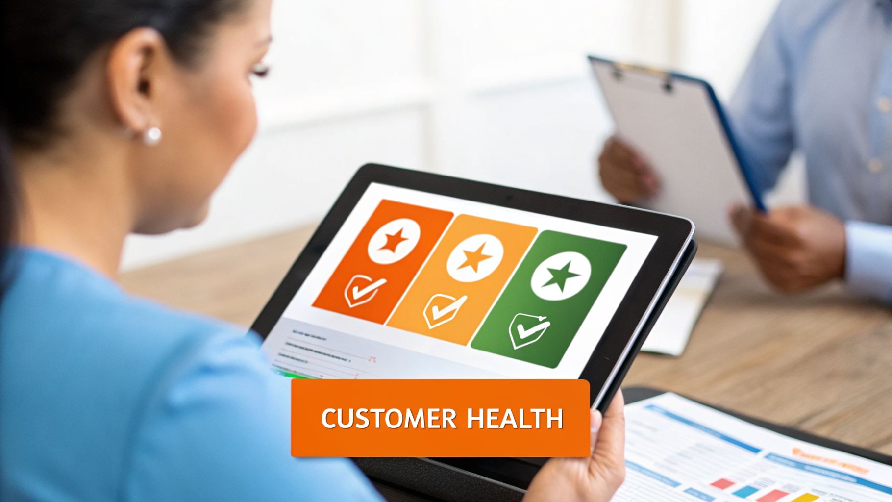 A person views a tablet displaying customer health metrics with orange, yellow, and green indicators.