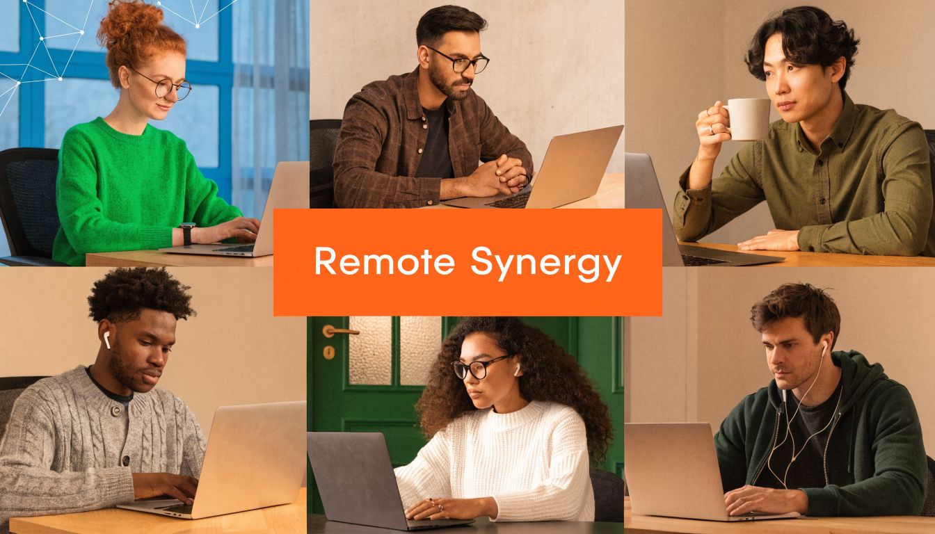 Diverse group of professionals working remotely on their laptops, collaborating together in a digital workspace.