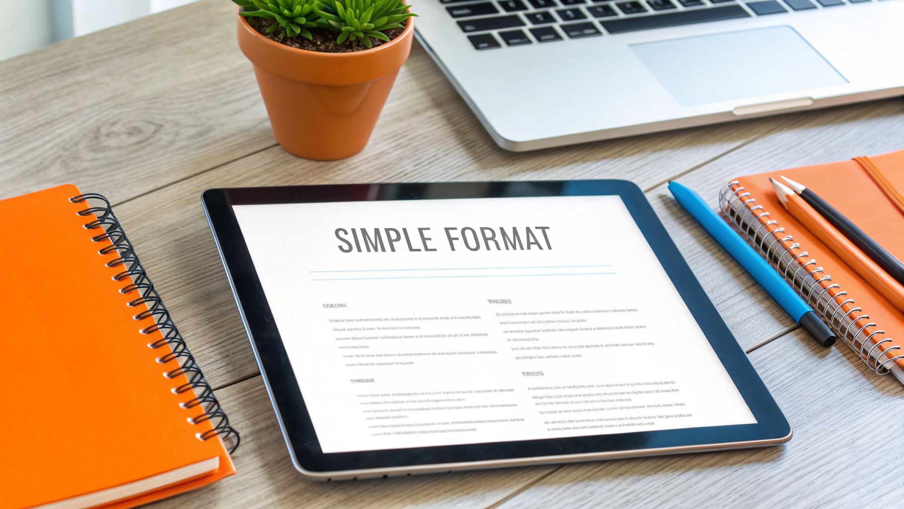 A tablet displays 'SIMPLE FORMAT' on a wooden desk with a notebook, laptop, and pens, suggesting a tidy workspace.