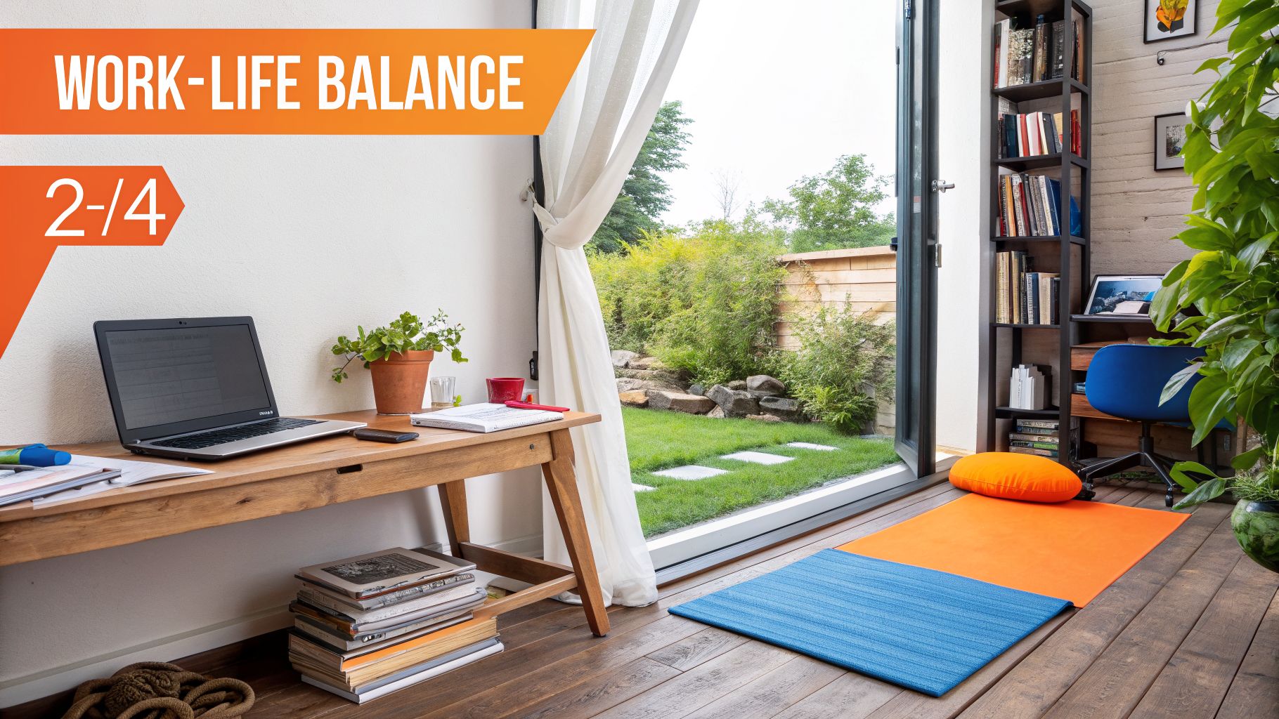 A bright home office with a laptop, plant, and yoga mat by a window overlooking a garden.