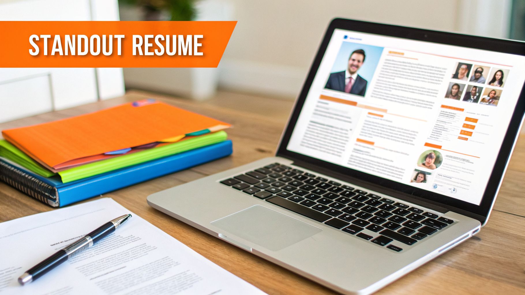 Desk with a laptop showing a standout resume, colorful folders, a document, and pen.