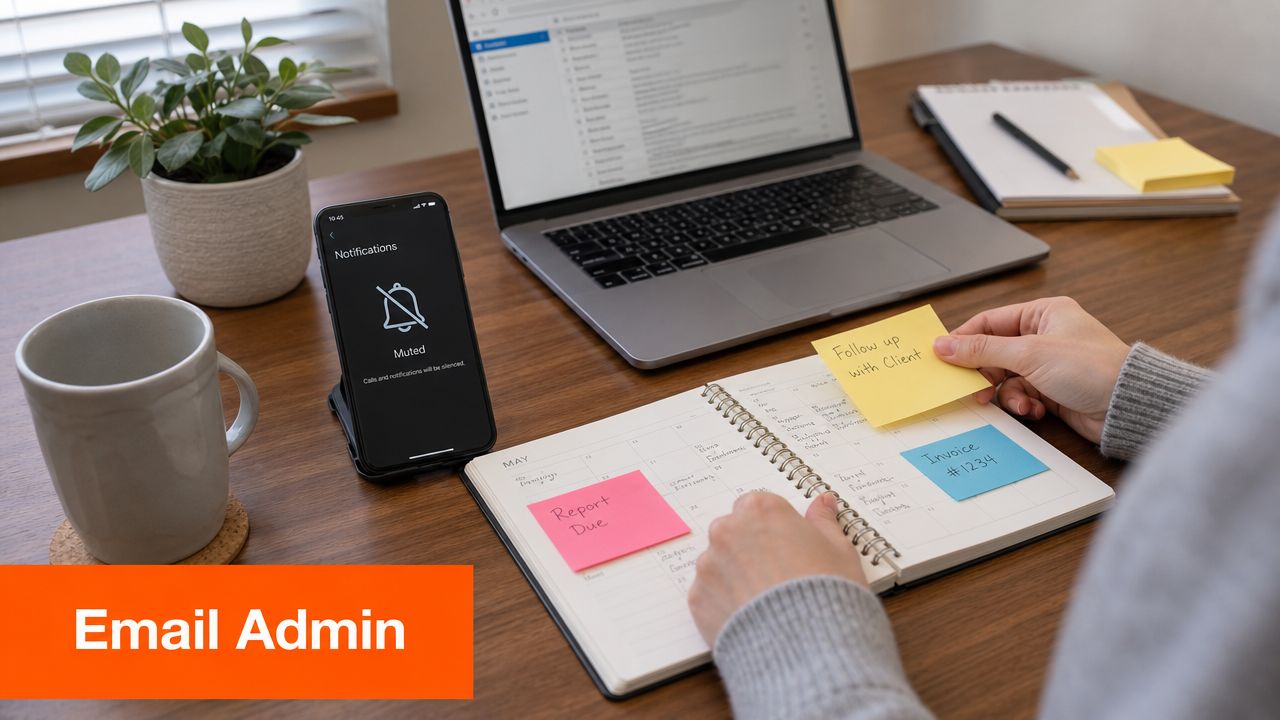 A person organizing their work tasks on a calendar at a desk with a laptop and phone.