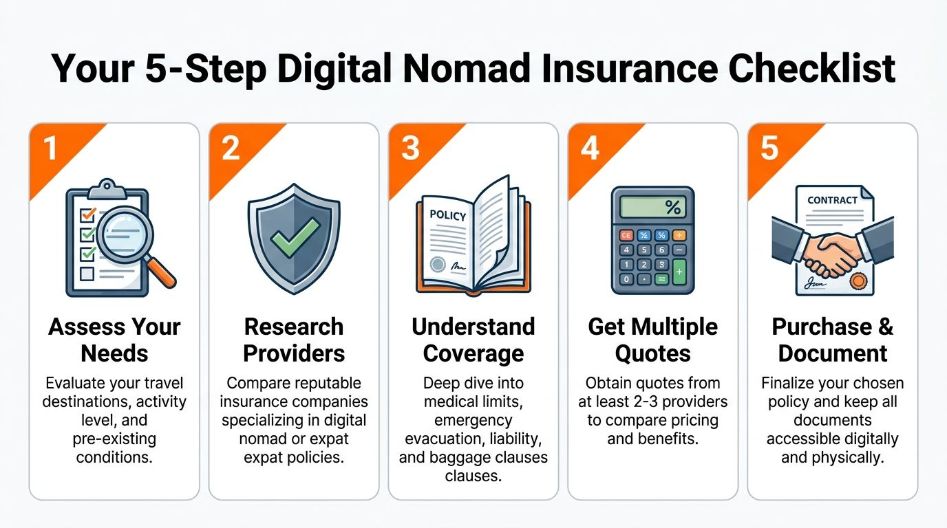A five-step checklist infographic for digital nomads planning to purchase travel and health insurance coverage.