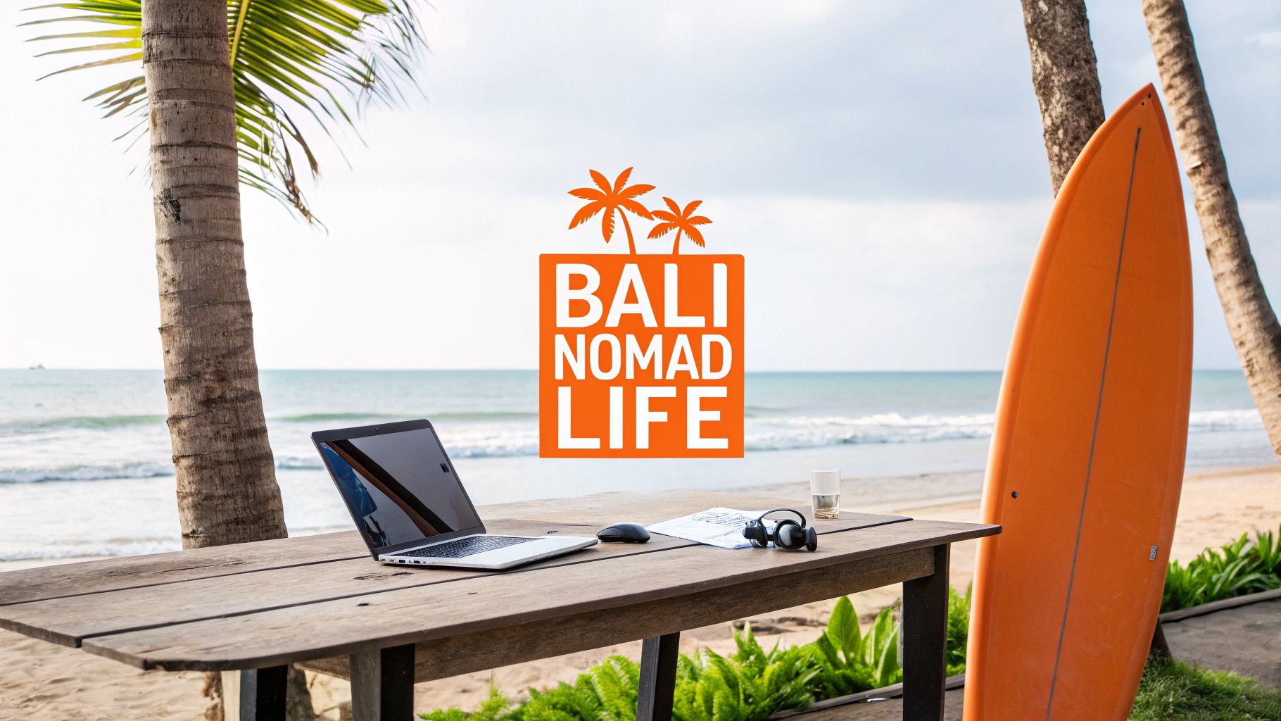 A digital nomad's outdoor workspace on a beach with a laptop, headphones, and a surfboard, promoting Bali.