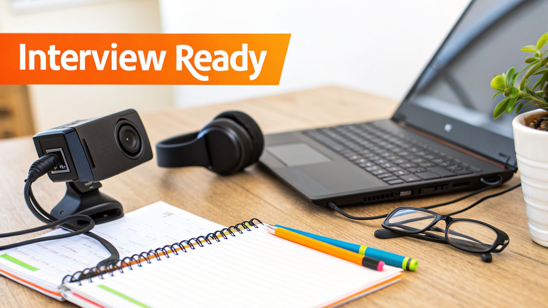 A desk setup for a remote interview, featuring a webcam, headphones, laptop, notebook, and pens.