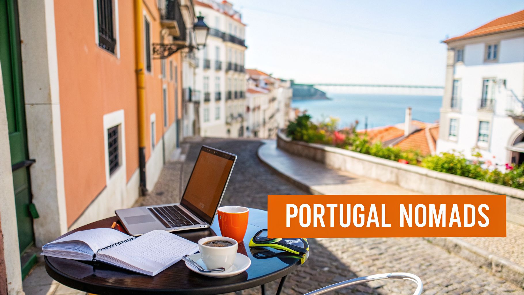 Laptop and coffee on an outdoor table overlooking a scenic street in Portugal, ideal for digital nomads.