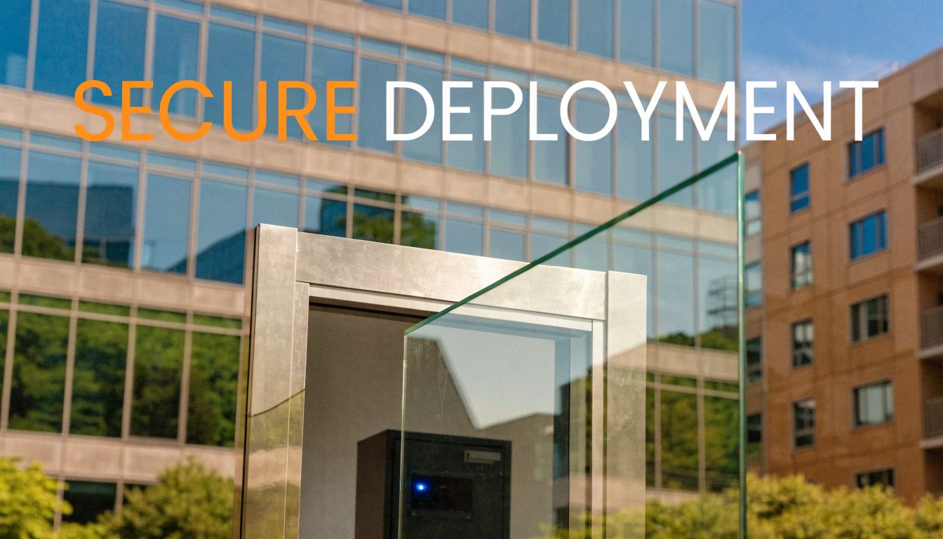 A modern glass security booth structure set against a glass corporate office building and blue sky.