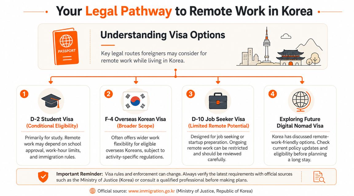 An infographic titled Your Legal Pathway to Remote Work in Korea, outlining four common visa options for foreigners.