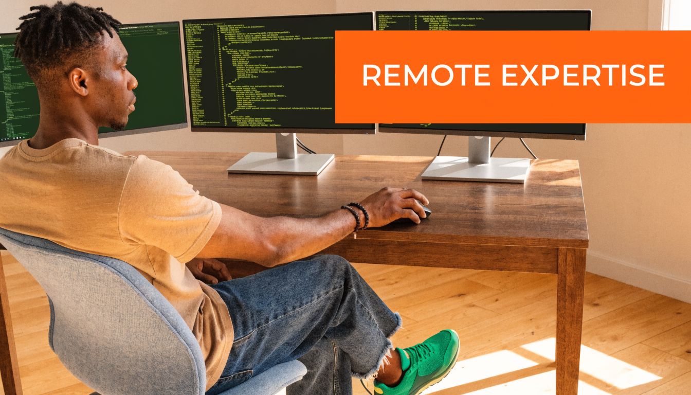 A professional developer working remotely on multiple computer screens showing code in a home office.