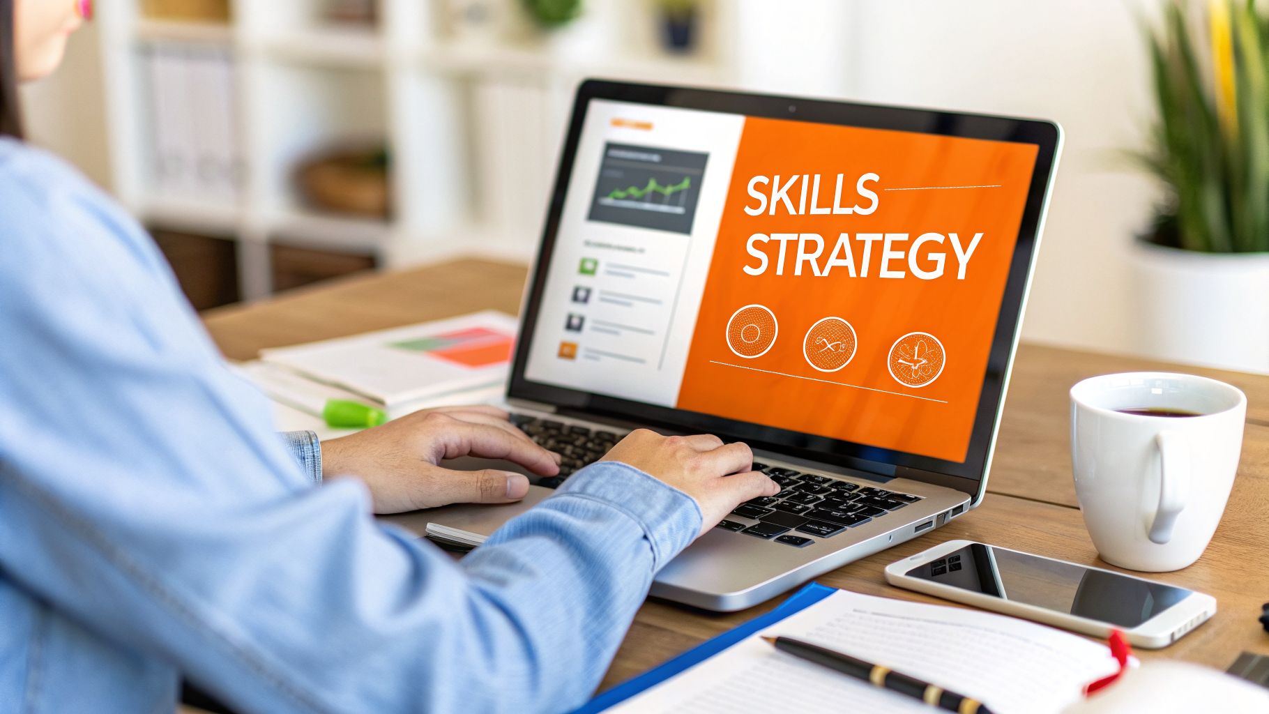 A person works on a laptop displaying a 'SKILLS STRATEGY' presentation, with coffee and documents.