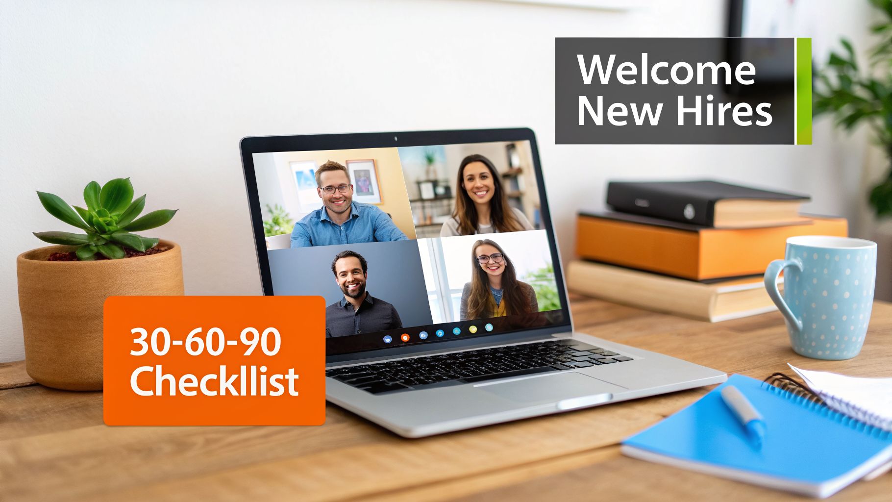 A laptop on a wooden desk displays a video call with four smiling new hires, with onboarding information.