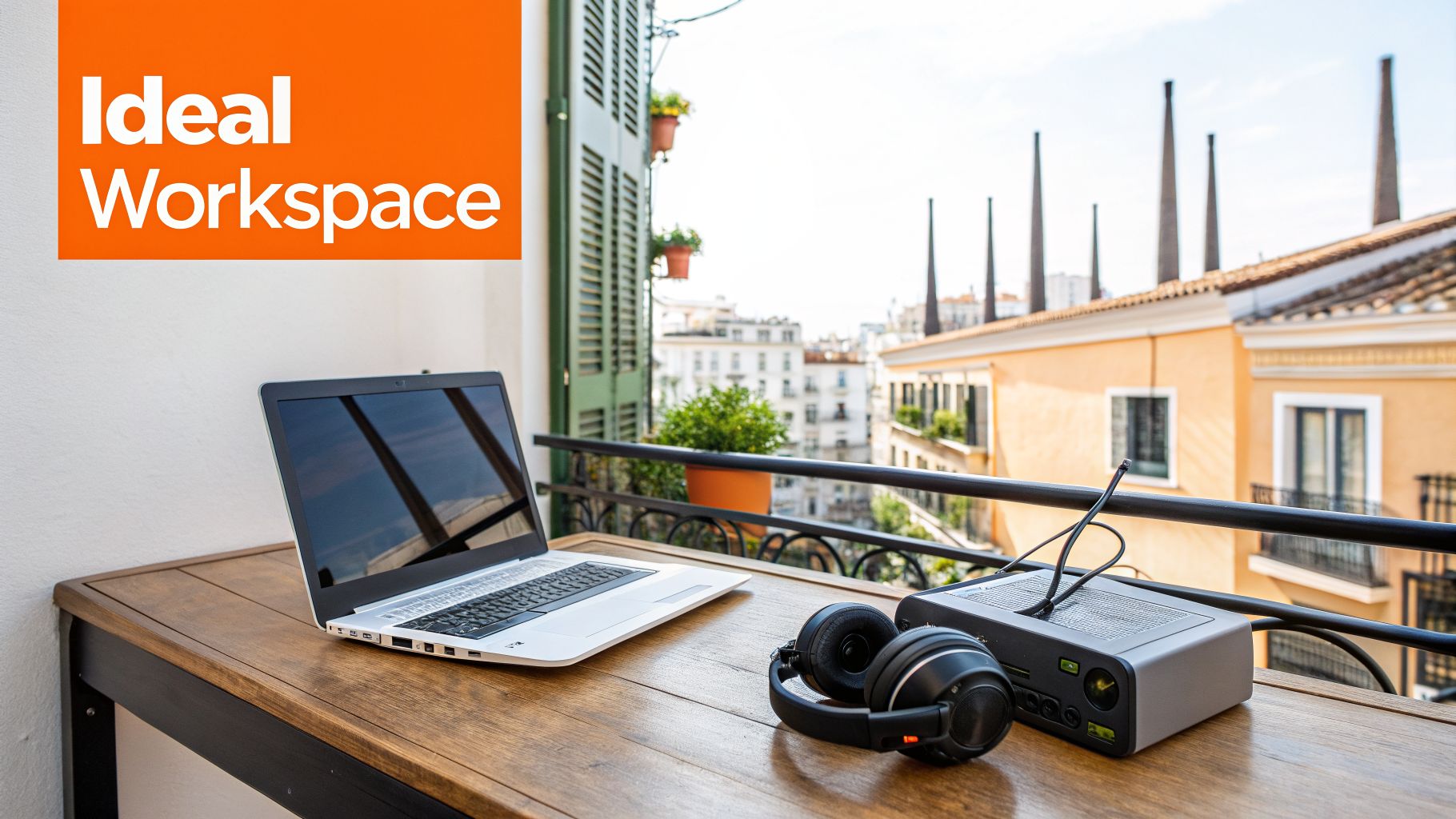 A laptop, headphones, and power bank on a wooden table, with a European city and chimneys in the background.
