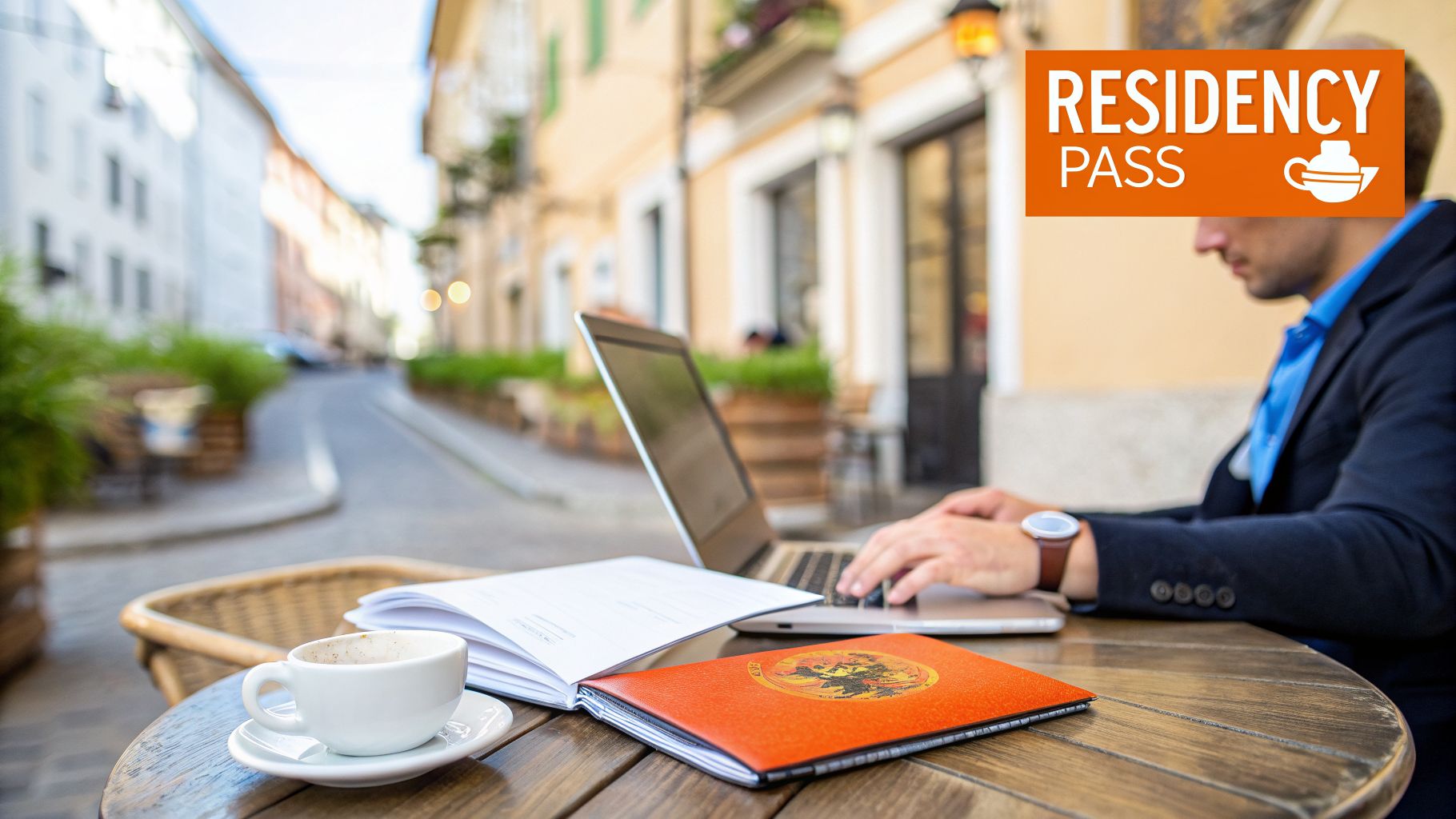 Man working on laptop at an outdoor cafe with coffee and a street view. 'Residency Pass' banner displayed.
